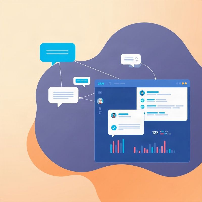 Flat illustration of connected chat bubbles and a CRM dashboard in azure and navy
